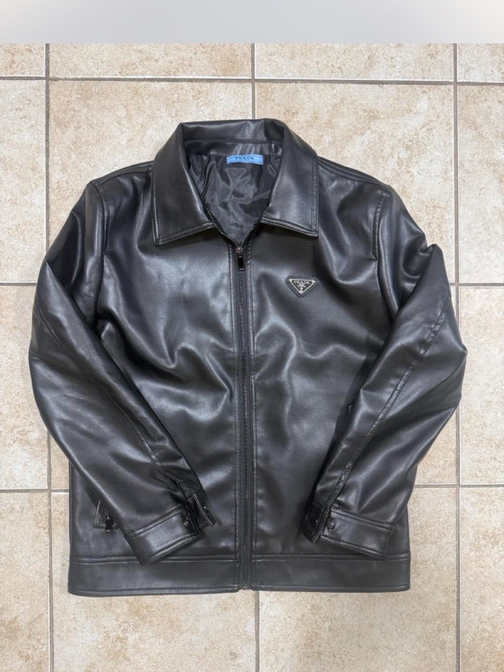 Prada Men’s Black Leather Bomber Jacket with Logo Plaque
